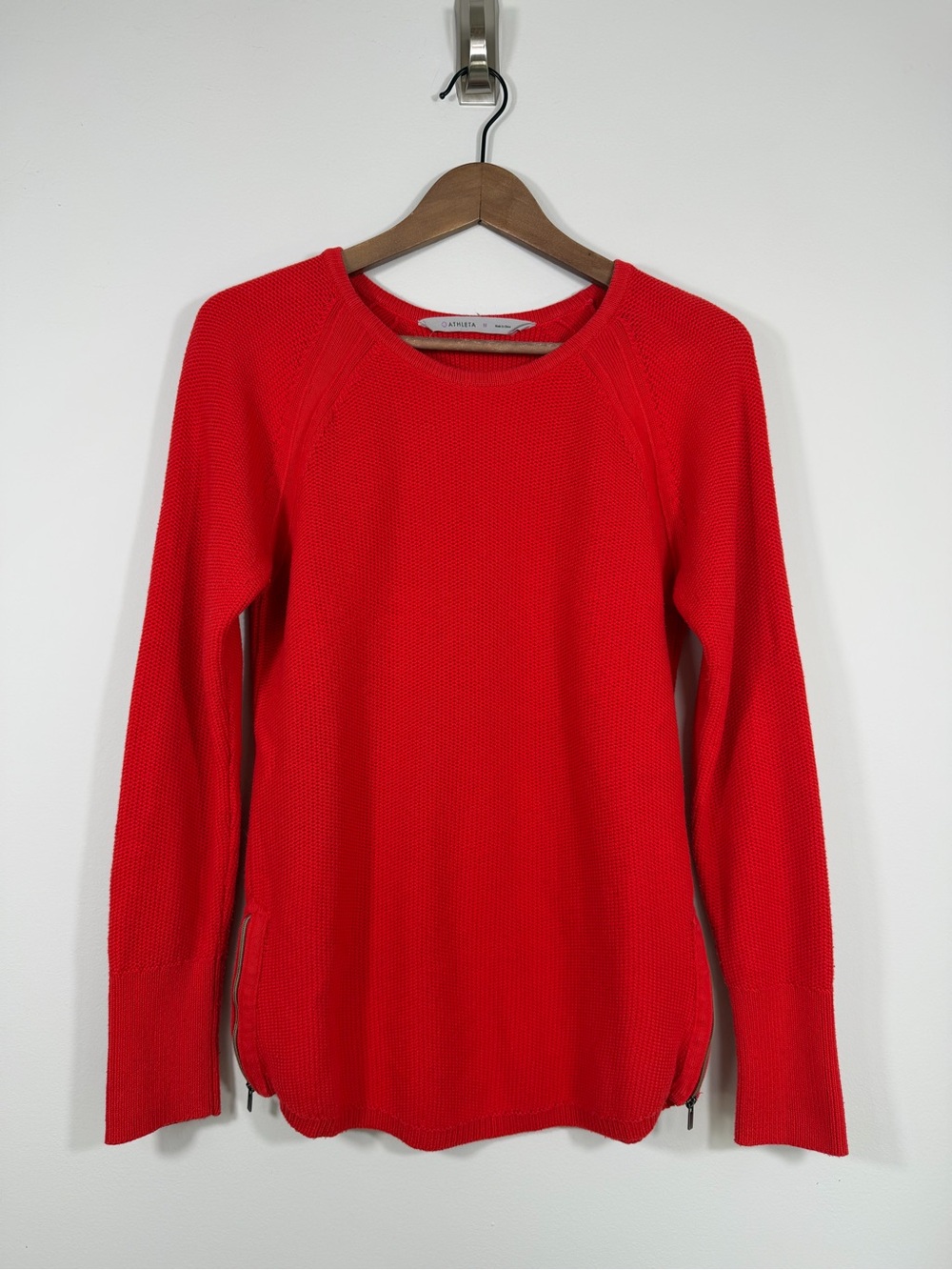 Athleta Red Cotton Blend Knit Sweater Side Zip Pullover Women’s M
